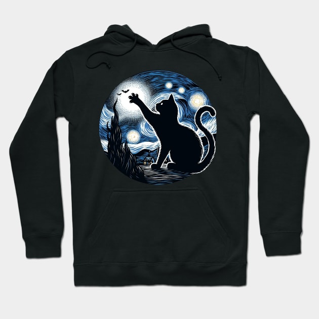 Van Gogh's Cats, Cat in the nigth with star and bats, impressionism, famous painting, Starry Night Style Van Gogh painting Cat Lover Hoodie by Collagedream